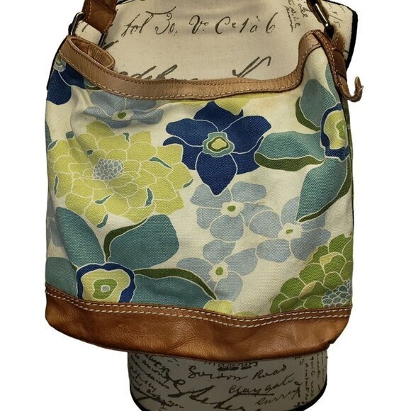 Fossil Floral Leather Blue Metal Womens Handbag Purse Pre-Owned - Picture 2 of 13